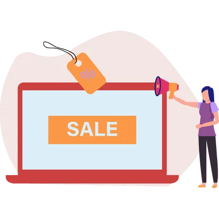 Fille annonçant une vente en ligne  Illustration