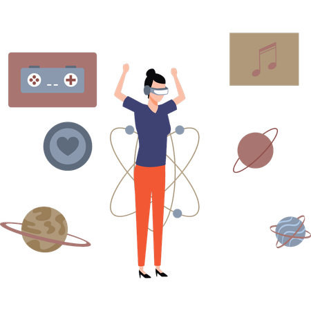 Fille appréciant la recherche en astronomie portant la VR  Illustration
