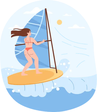 Fille appréciant le surf à la plage  Illustration