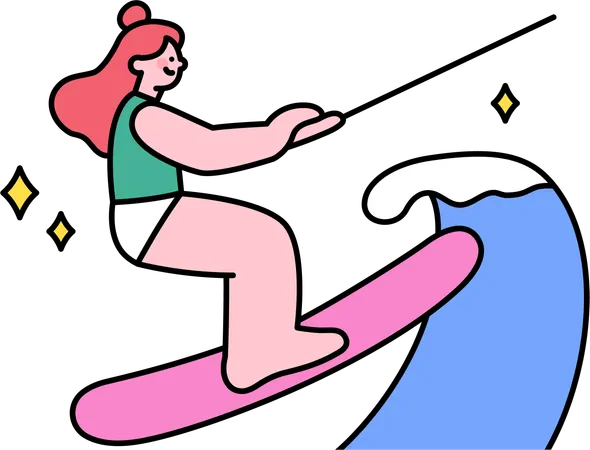 Fille appréciant le surf à la plage  Illustration