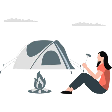 Fille appréciant le barbecue en camping  Illustration