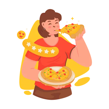 Fille appréciant les critiques de pizza  Illustration