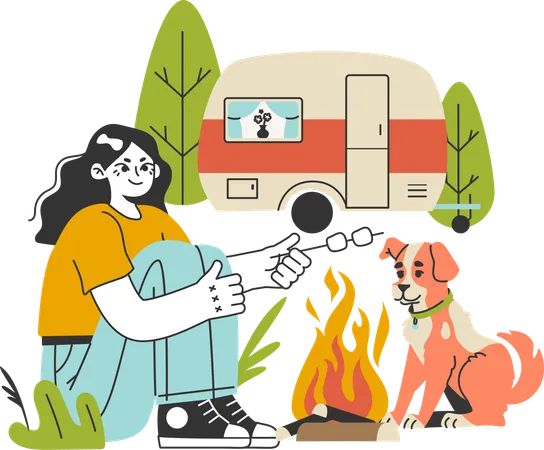 Une fille profite du camp avec son chien  Illustration