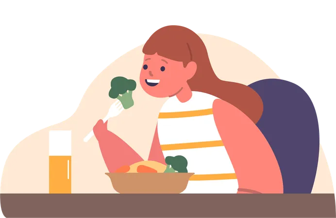 Une fille apprécie un dîner nutritif  Illustration
