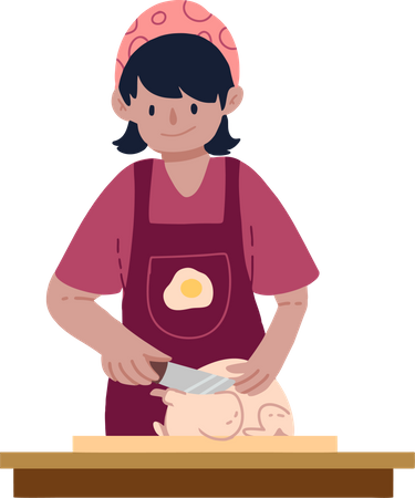 Fille apprenant à couper le poulet avec un couteau  Illustration