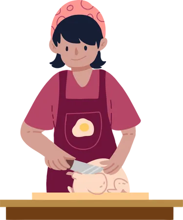 Fille apprenant à couper le poulet avec un couteau  Illustration