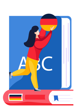 Une fille apprend l'allemand à l'aide de livres  Illustration
