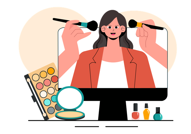 Une fille apprend à se refaire une beauté professionnelle grâce à une vidéo en ligne  Illustration