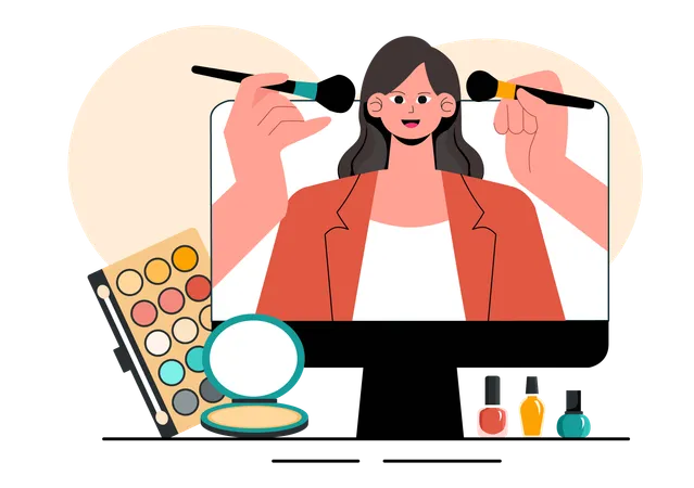 Une fille apprend à se refaire une beauté professionnelle grâce à une vidéo en ligne  Illustration