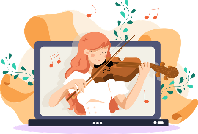 Fille apprenant le violon sur des cours en ligne  Illustration