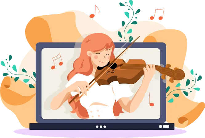 Fille apprenant le violon sur des cours en ligne  Illustration