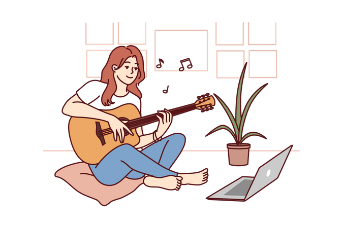 Fille apprenant la guitare en ligne  Illustration