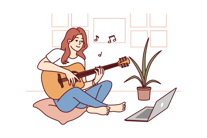 Fille apprenant la guitare en ligne  Illustration