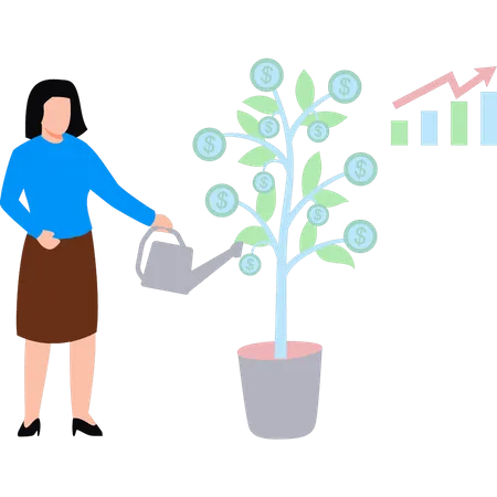 Fille arrosant une plante dollar  Illustration