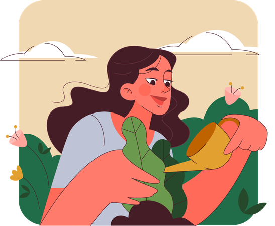 Fille arrosant une plante  Illustration