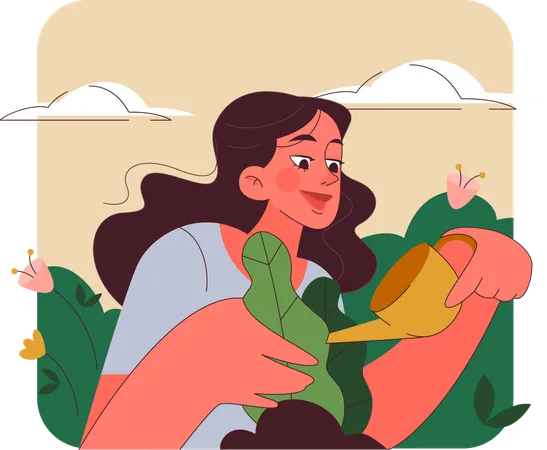 Fille arrosant une plante  Illustration