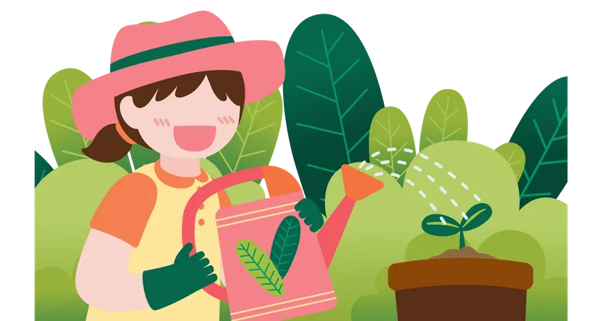 Fille arrosant une plante  Illustration