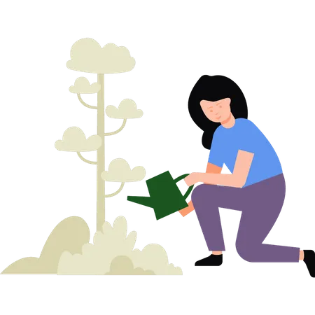 Fille arrosant une plante  Illustration