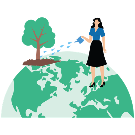 Fille arrosant un arbre avec un bidon d'eau  Illustration