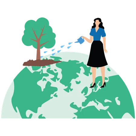 Fille arrosant un arbre avec un bidon d'eau  Illustration