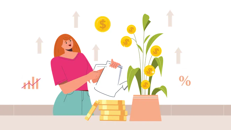 Fille arrosant une plante dollar  Illustration