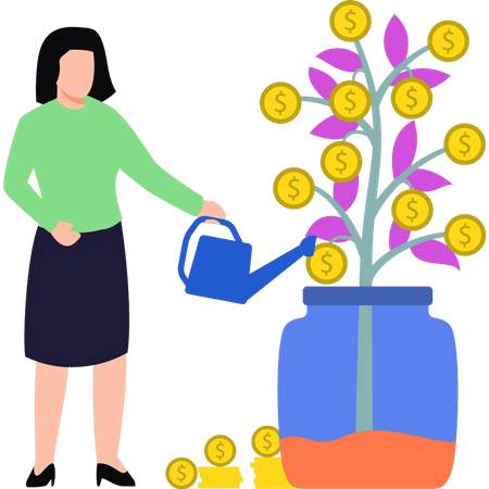 Fille arrosant la plante dollar  Illustration