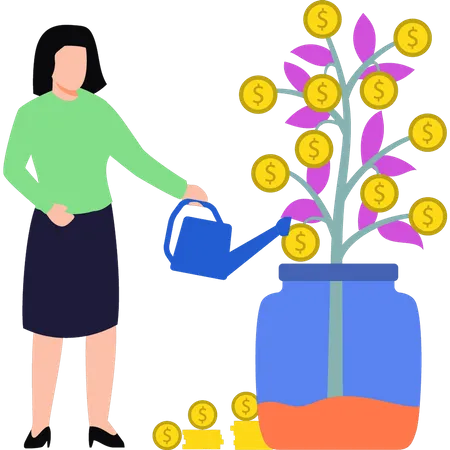 Fille arrosant la plante dollar  Illustration