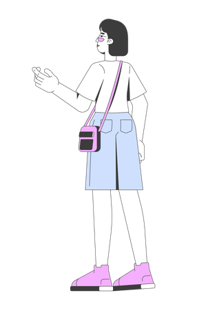 Fille asiatique tendance de la génération Z avec un sac à bandoulière tourné vers l'extérieur  Illustration