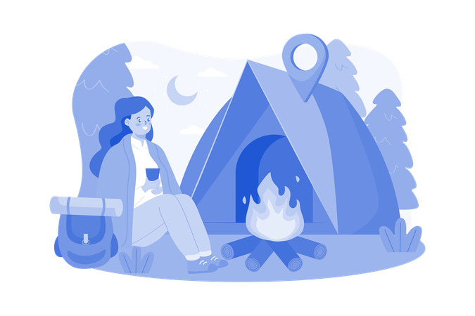 Fille assise à côté d'un feu de bois  Illustration