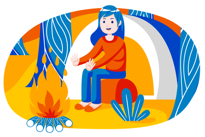 Fille assise à côté d'un feu de bois  Illustration