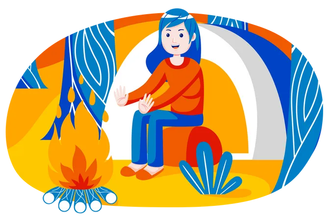 Fille assise à côté d'un feu de bois  Illustration