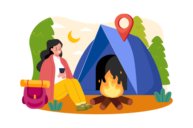 Fille assise à côté d'un feu de bois  Illustration