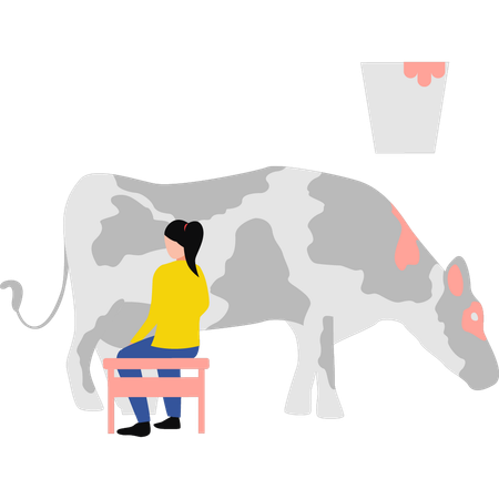 Fille assise à côté de la vache  Illustration