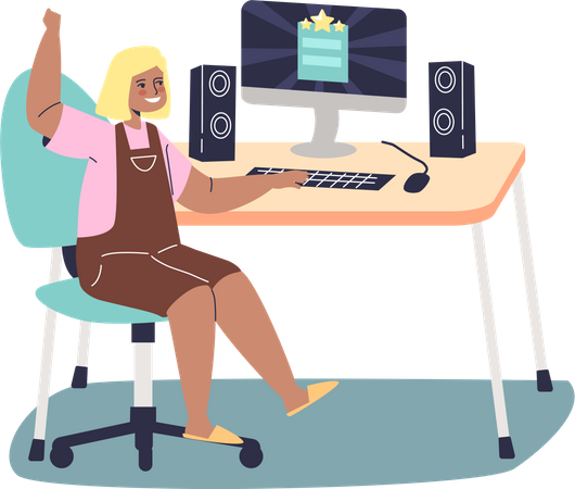 Fille assise au bureau d'ordinateur  Illustration