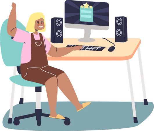 Fille assise au bureau d'ordinateur  Illustration