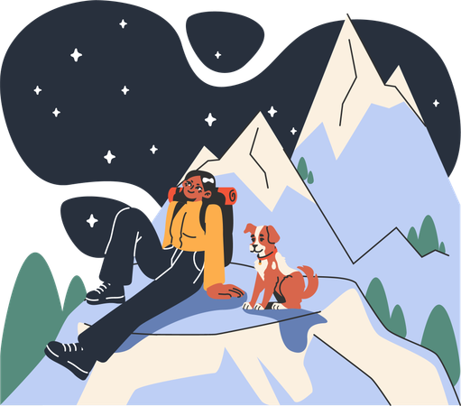 Fille assise au sommet de la montagne avec un chien  Illustration