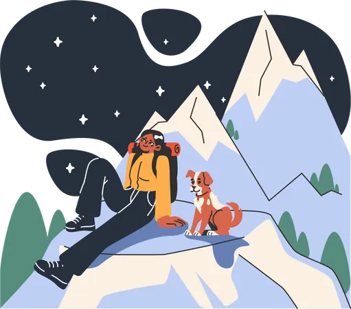 Fille assise au sommet de la montagne avec un chien  Illustration