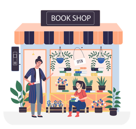 Fille assise avec des livres à l'extérieur d'une librairie  Illustration