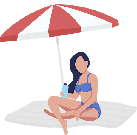 Fille assise sur la plage sous un parasol  Illustration