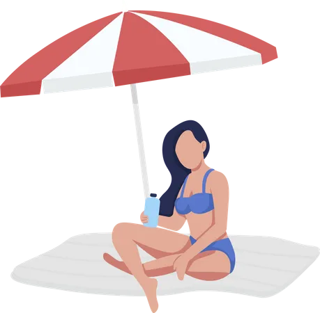 Fille assise sur la plage sous un parasol  Illustration