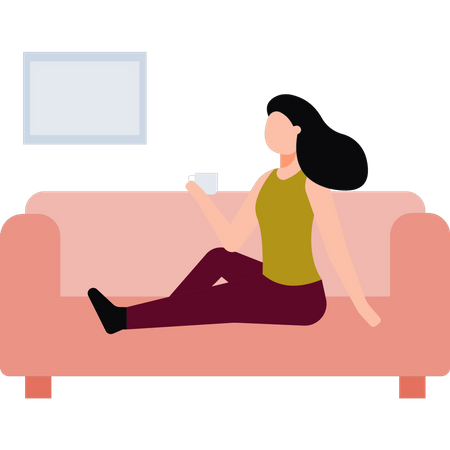 Fille assise sur un canapé, buvant du thé  Illustration
