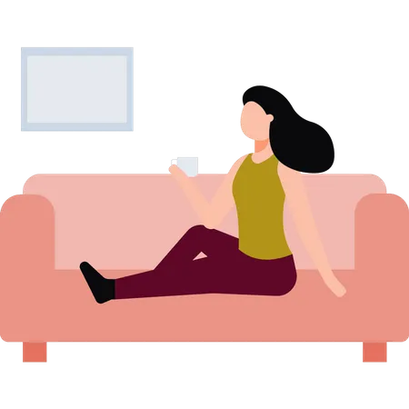 Fille assise sur un canapé, buvant du thé  Illustration