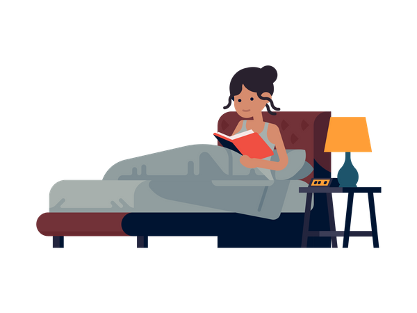 Fille assise sur un lit lisant un livre  Illustration