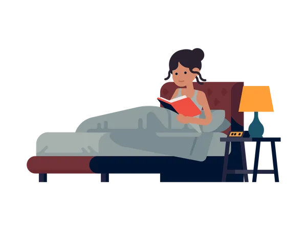 Fille assise sur un lit lisant un livre  Illustration