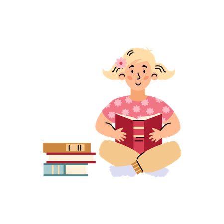 Fille assise sur le sol avec une pile de livres et lisant  Illustration