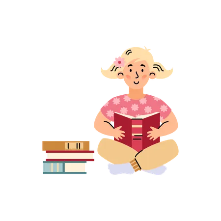 Fille assise sur le sol avec une pile de livres et lisant  Illustration