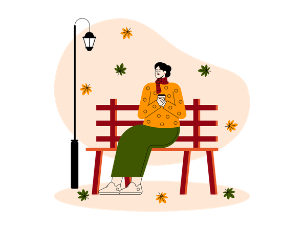 Fille assise sur un banc dans un parc en automne  Illustration