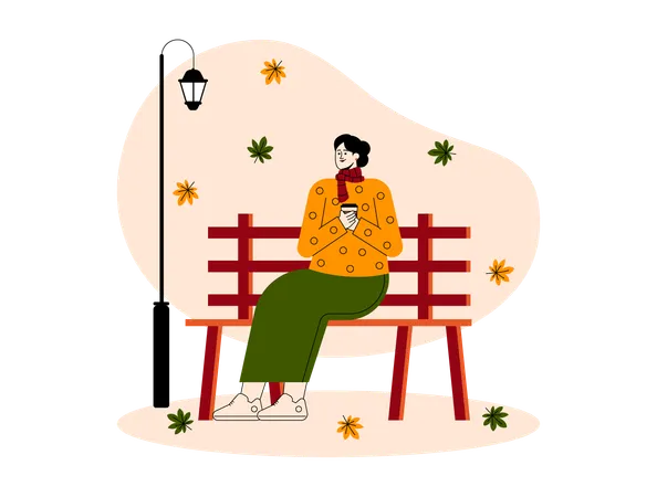 Fille assise sur un banc dans un parc en automne  Illustration