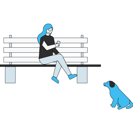 Fille assise sur un banc de parc et utilisant un smartphone  Illustration