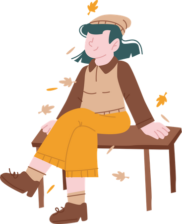 Fille assise sur un banc en bois  Illustration